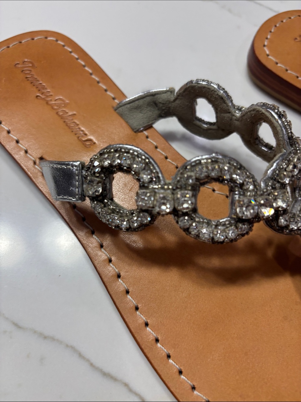 Tommy Bahama Silver Beaded T-Strap Sandals with Brown Footbed - Picture 7 of 12